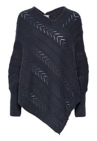 Mörk marinblå stickad poncho med v-ringning, prydd med diagonala zigzagmönster och öppet arbete. Mjuk textur med långa ärmar och en asymmetrisk fåll.