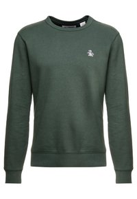 Ciemnozielona bluza z miękkiego materiału, z okrągłym dekoltem, długimi rękawami i małym białym logo na piersi.