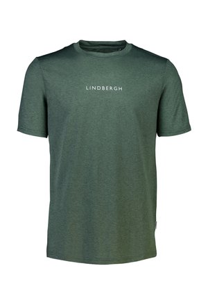 T-shirt vert à manches courtes en tissu texturé, avec un col rond et un logo blanc "Lindbergh" sur la poitrine.