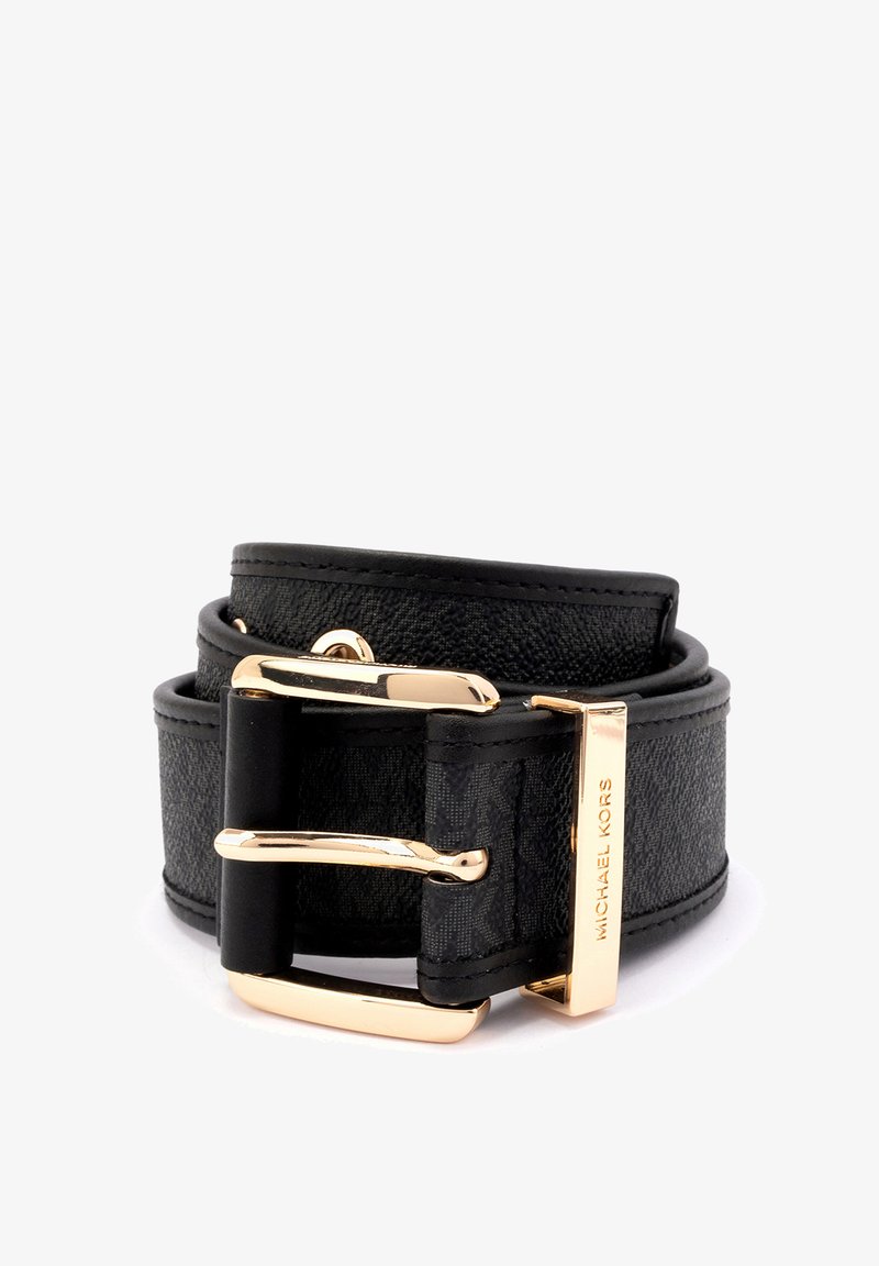 Cintura nera in materiale testurizzato, con fibbia e accessori in metallo color oro. Nome del marchio "Michael Kors" inciso sulla fibbia.