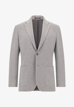 Sivý blejzer vyrobený z textúrovanej tkaniny, s klopovým golierom, jedným gombíkovým zapínaním a dvoma prednými vreckami. Podšívkovaný interiér.