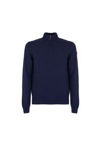 Dunkelblauer Pullover mit hohem Kragen, halbem Reißverschluss vorne sowie gerippten Bündchen und Saum. Hergestellt aus weichem Strickstoff mit glatter Textur.