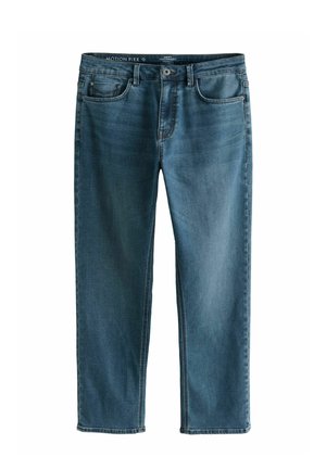 Sinised sirged teksad, millel on ees nupp, vööloop ja pleekinud detailid valge tausta peal.