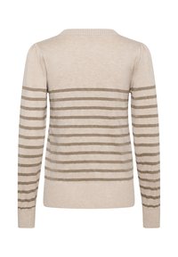 Beżowy sweter z poziomymi jasnobrązowymi paskami na korpusie i rękawach, długie rękawy, ściągacze przy mankietach oraz okrągły dekolt, prezentowany z tyłu.