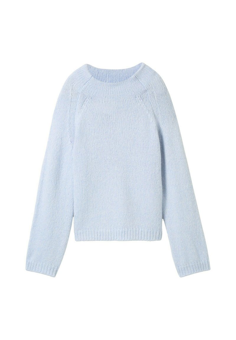 Jasnoniebieski sweter dzianinowy z długimi rękawami, okrągłym dekoltem i prążkowanym dołem. Charakteryzuje się miękką teksturą i subtelnym poziomym wzorem.