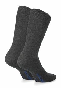 Ciemnoszare skarpetki bawełniane z wzmocnieniami na pięcie i palcach, z prążkowanym ściągaczem oraz niebieskim logo na podeszwie. Zaprezentowane dwie pary.