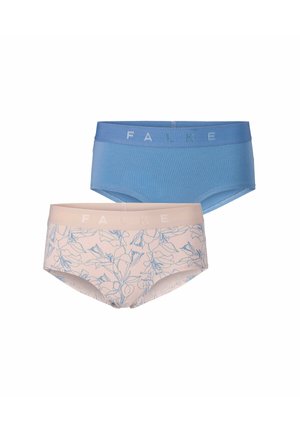 To damers hipster-stil undertøj, den ene ensfarvet blå og den anden lyserød med et blåt blomsterprint, begge med "FALKE" på linningen.