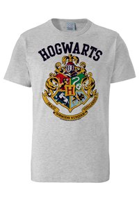 Gray cotton T-shirt featuring a colorful Hogwarts crest design. Text reads "HOGWARTS" in dark blue above the crest, with gold accents.