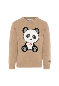 Maglione lavorato a maglia color beige con un design di volto di panda in bianco e nero, con dettagli rosa e impronte di zampe; colletto e polsini a costine.
