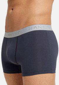 Tmavě modré trenýrky s světle šedým elastickým páskem s jemným logem. Měkký materiál s hladkou texturou a přiléhavým střihem.