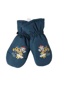 Muffole blu navy realizzate in morbido tessuto con cani cartoon. Decorate con tre personaggi e il testo "PASSA UNA GIORNATA PAWESOME!"