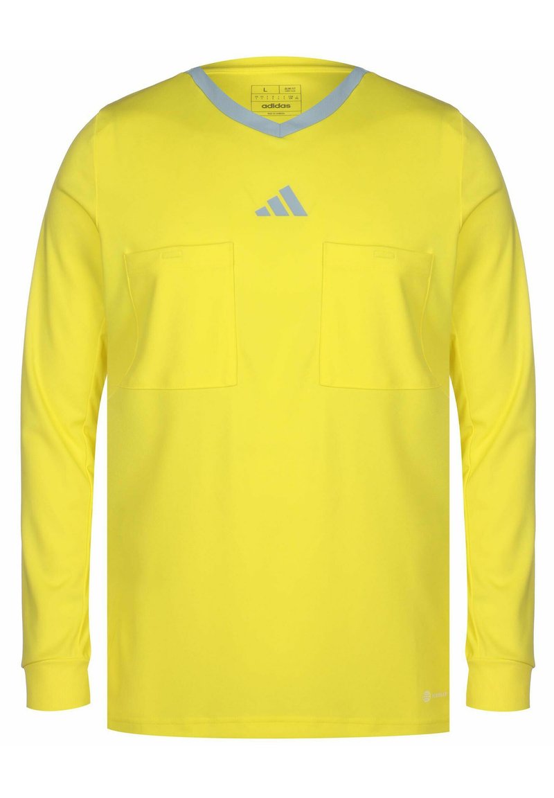 Geel langemouwen shirt met een v-hals, voorzien van lichtblauwe accenten en twee borstzakken. Gemaakt van soepele, lichte stof.