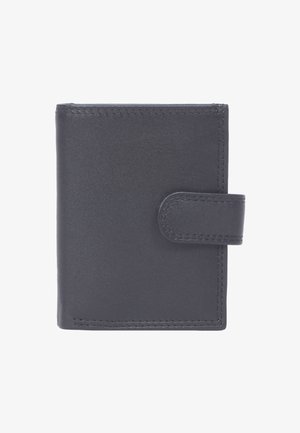 Schwarzes Lederportemonnaie mit genähten Kanten und einem Druckknopfverschluss, auf einem weißen Hintergrund geschlossen gezeigt.