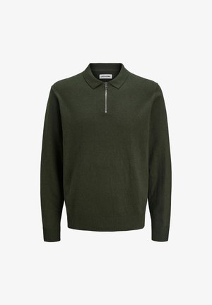 Tamnozeleni pulover s patentnim zatvaračem, dugih rukava, rebrastim manžetama i rubom, napravljen od meke, teksturirane tkanine.