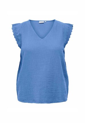 Blusa blu strutturata con scollo a V, maniche corte con volant e bordi decorativi a forma di scallop. Materiale leggero e traspirante.