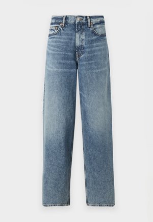 Light blue denim jeans with a straight fit, high waist, and subtle fading. Features five pockets and a button closure.