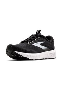 Scarpa da corsa nera con tomaia testurizzata, suola intermedia bianca e suola esterna in gomma nera. Presenta un logo riflettente in argento e lacci.