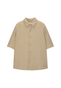 Beige Kurzarm-Hemd mit Knöpfen aus strukturiertem Stoff, mit Kragen und gerade geschnittenem Saum. Sechs vordere Knöpfe zeigen ein minimalistisches Design.