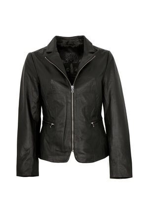 Schwarze Lederjacke mit tailliertem Design, vorderem Reißverschluss, zwei seitlichen Taschen mit Reißverschlüssen und einem abgerundeten Kragen. Glatte Textur und taillierte Silhouette.