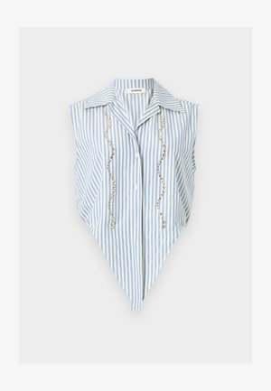 Bluza bez rukava plavo-bijelih okomitih pruga sa šiljastim rubom, ovratnikom, kopčom sprijeda i dva okomita reda srebrnih perlica.