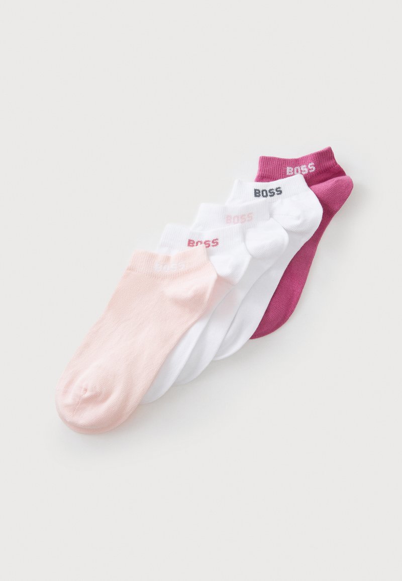 Set of five ankle socks in pink, white, and deep pink. Features contrasting branding on the cuff. Made from soft, stretchy material.
