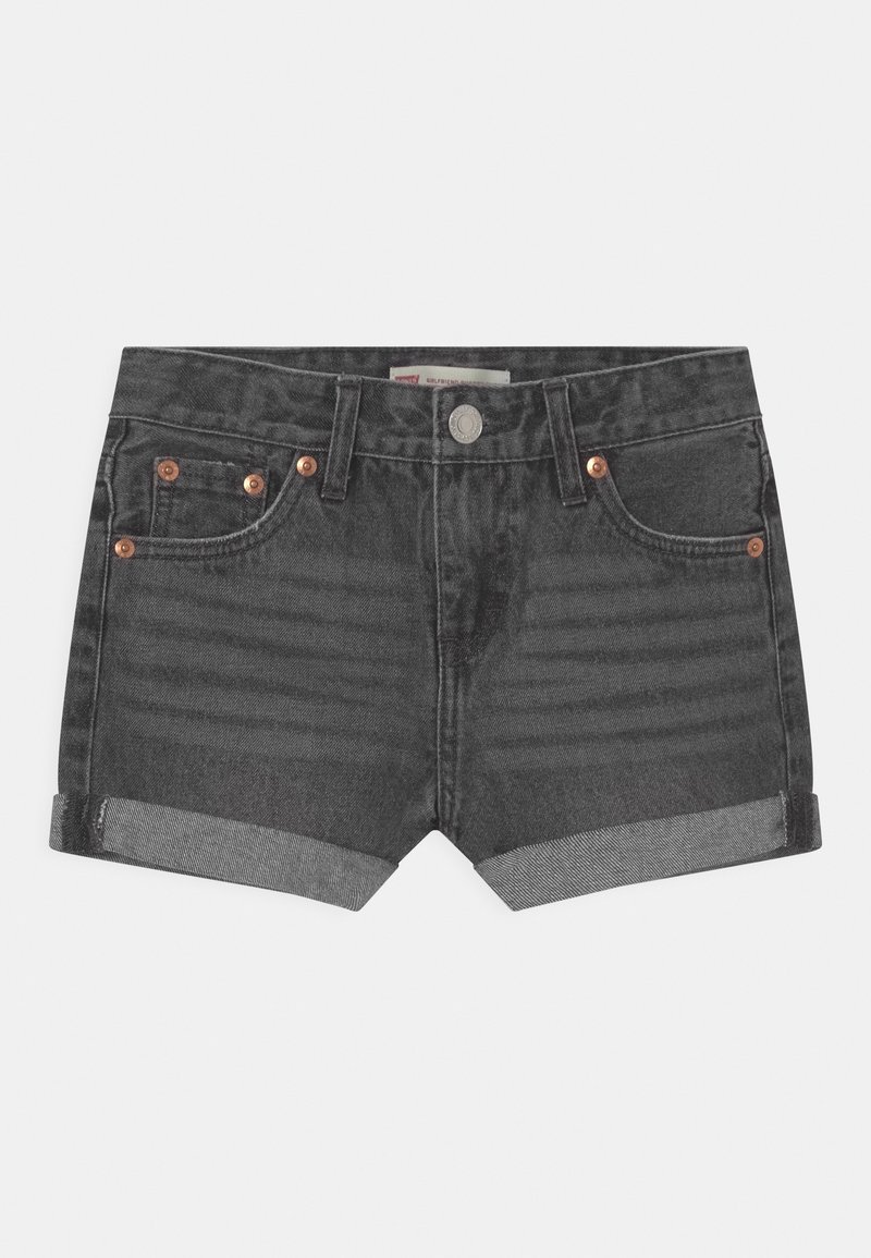 Pantalones cortos de mezclilla de tiro alto en gris oscuro con dobladillos enrollados, cinco bolsillos, herrajes en tono cobre y un acabado texturizado.