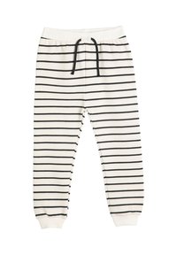 Pantalones de chándal a rayas en crema y negro, con cintura elástica y cordón, puños acanalados, material de algodón, presenta rayas horizontales.