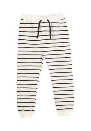 Pantalones de chándal a rayas en crema y negro, con cintura elástica y cordón, puños acanalados, material de algodón, presenta rayas horizontales.