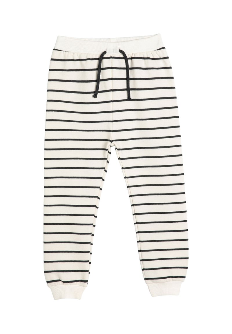 Pantalones de chándal a rayas en crema y negro, con cintura elástica y cordón, puños acanalados, material de algodón, presenta rayas horizontales.