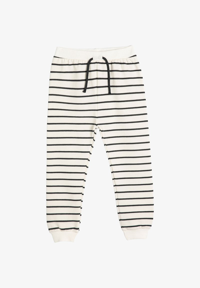 Spodnie dresowe w paski w kolorze kremowym i czarnym, elastyczna talia z sznurkiem, ściągacze na mankietach, materiał bawełniany, z poziomymi paskami.