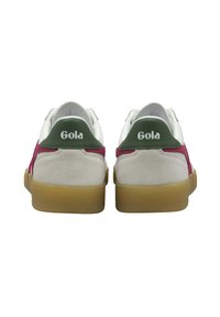 Gola sneakers with a white leather upper, pink suede accents, green heel tabs, and a gum rubber sole. Rear view showcasing logo placement.