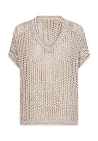 Light beige knitted short-sleeve top with a V-neck, featuring a loose fit and open weave texture. Subtle sheen adds visual interest.
