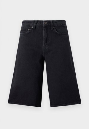 Culotte in denim nero con vita alta, due tasche frontali e design a gamba dritta e larga. Tessuto resistente con dettagli di cucitura minimi.