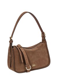 Brown suede handbag with a curved shape, gold hardware accents, and an adjustable shoulder strap. Features a zip closure and a smooth texture.