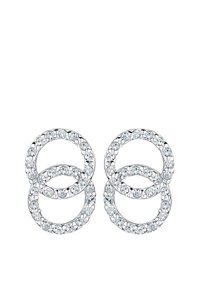 Boucles d'oreilles en métal argenté comportant quatre designs circulaires entrelacés, ornés de rhinestones transparents disposés en motif étincelant autour de chaque cercle.