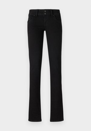 Jeans in denim nero con una silhouette aderente, gamba dritta, due tasche frontali e chiusura con bottone. Tessuto morbido con leggero elastico.