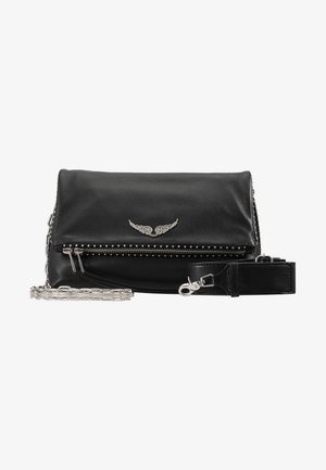 Black leather handbag with a zippered closure, silver wing emblem, studded accents, and a chain strap. Compact rectangular shape.