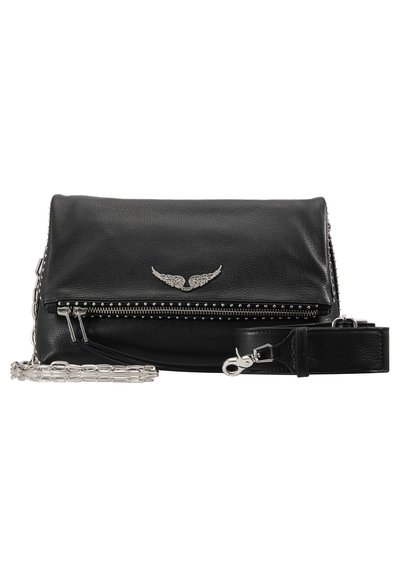 Black leather handbag with a zippered closure, silver wing emblem, studded accents, and a chain strap. Compact rectangular shape.