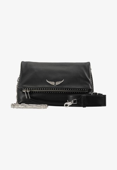 Black leather handbag with a zippered closure, silver wing emblem, studded accents, and a chain strap. Compact rectangular shape.