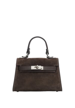 Brązowa zamszowa torebka o strukturalnym designie, z uchwytem u góry, skórzanymi akcentami oraz srebrnym zapięciem na przodzie.