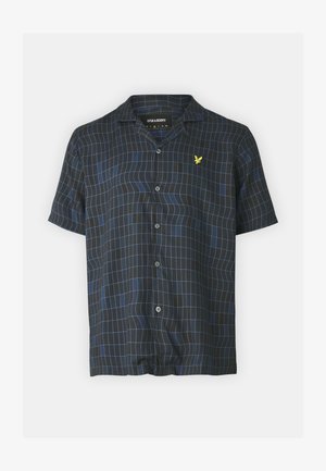 Cămașă cu mânecă scurtă, cu nasturi, de culoare bleumarin închis, cu un model cu rețea albastră. Include un logo brodat galben pe piept și guler.