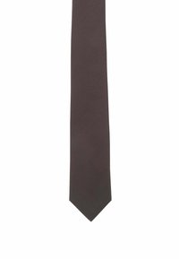 Dunkelbraune Krawatte mit glatter Textur, schmalem Design und zulaufender Spitze, geeignet für formelle Kleidung.