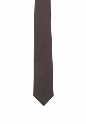 Dark brown tie with a smooth texture, featuring a narrow design and tapering point, suitable for formal attire.
