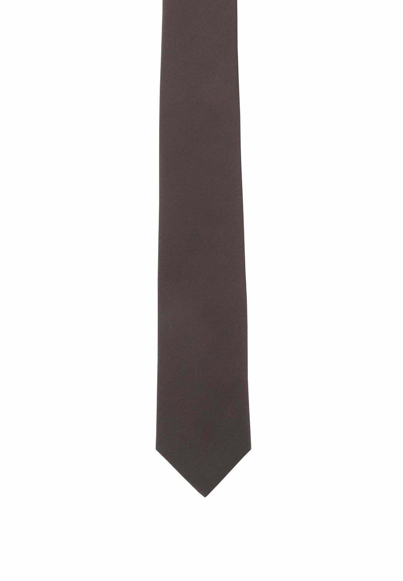 Dunkelbraune Krawatte mit glatter Textur, schmalem Design und zulaufender Spitze, geeignet für formelle Kleidung.