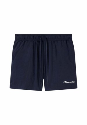 Pantaloncini blu navy con vita elastica, coulisse e logo bianco Champion sulla parte inferiore della gamba sinistra.