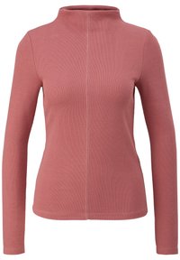 Pitkähihainen korkeakauluksinen toppi pölyrosassa, valmistettu ribbikangasta. Siinä on pystysauma keskellä ja muotoiltu siluetti.