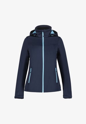 Navy blue softshell jacket with a zip closure, adjustable hood, and light blue zipper accents. Features two side pockets.