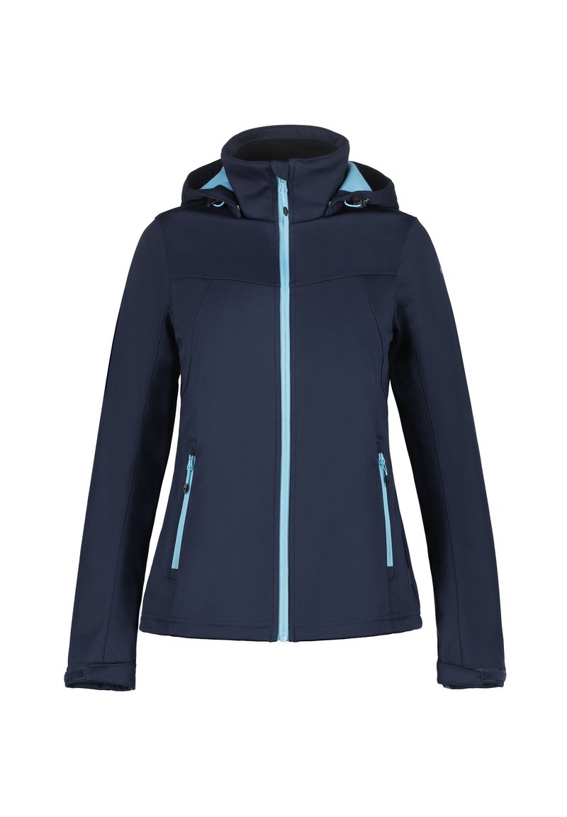 Chaqueta softshell de color azul marino con cierre de cremallera, capucha ajustable y detalles en cremallera de color azul claro. Cuenta con dos bolsillos laterales.