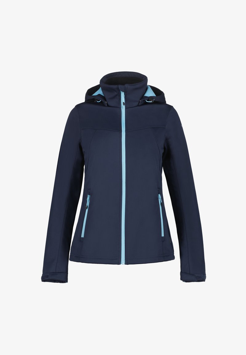 Navy blue softshell jacket with a zip closure, adjustable hood, and light blue zipper accents. Features two side pockets.