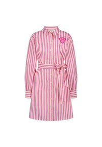 Gestreiftes Kleid aus pinkem und weißem Baumwollstoff. Mit einer durchgehenden Knopfleiste, langen Ärmeln, einem taillierten Gürtel und einem herzförmigen Stickdetail.